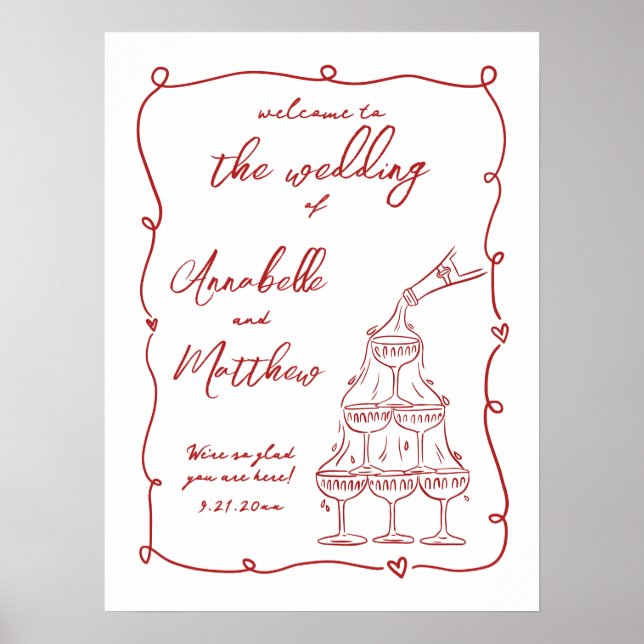 Poster Sinal de Boas-vindas do Casamento Whimsical Vermel (Frente)