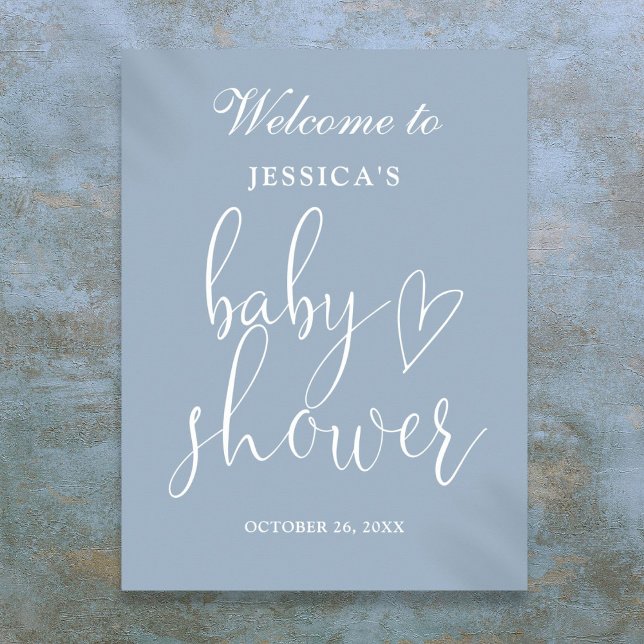 Poster Sinal de boas-vindas do Chá de fraldas azul empoei (Elegant Script Dusty Blue Baby Shower Welcome Sign)
