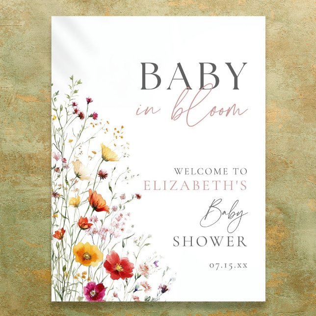 Poster Sinal de boas-vindas do Chá de fraldas Baby In Blo (Baby In Bloom Wildflowers Baby Shower Welcome Sign)