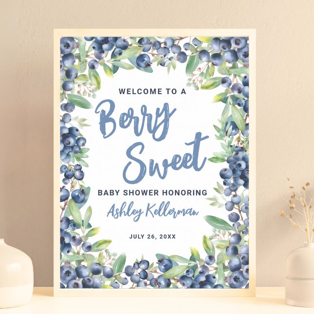 Poster Sinal de boas-vindas do Chá de fraldas Blueberry B (Blueberry Berry Sweet Baby Shower Welcome Sign)