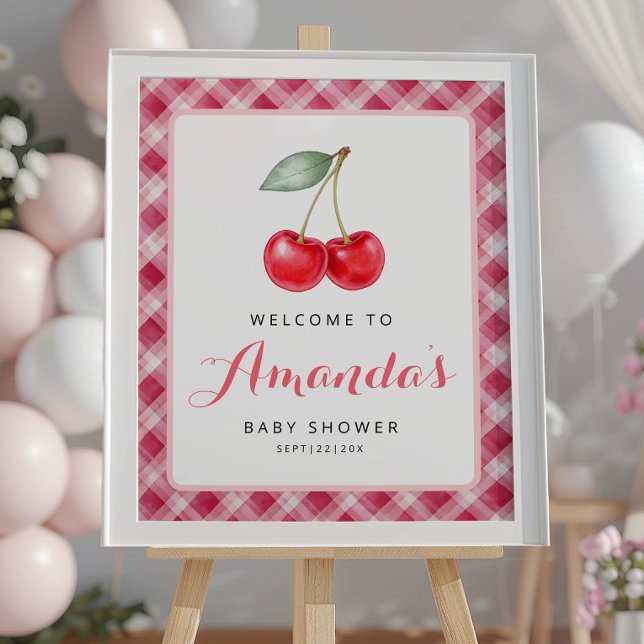Poster Sinal de boas-vindas do Chá de fraldas Cherry com  (Cherry Welcome Sign)