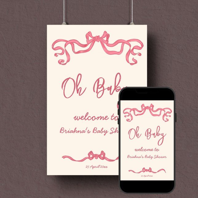 Poster Sinal de boas-vindas do chá de fraldas do esboço d (Pink ribbon bow sketch baby shower welcome sign poster template digital download personalized decor)