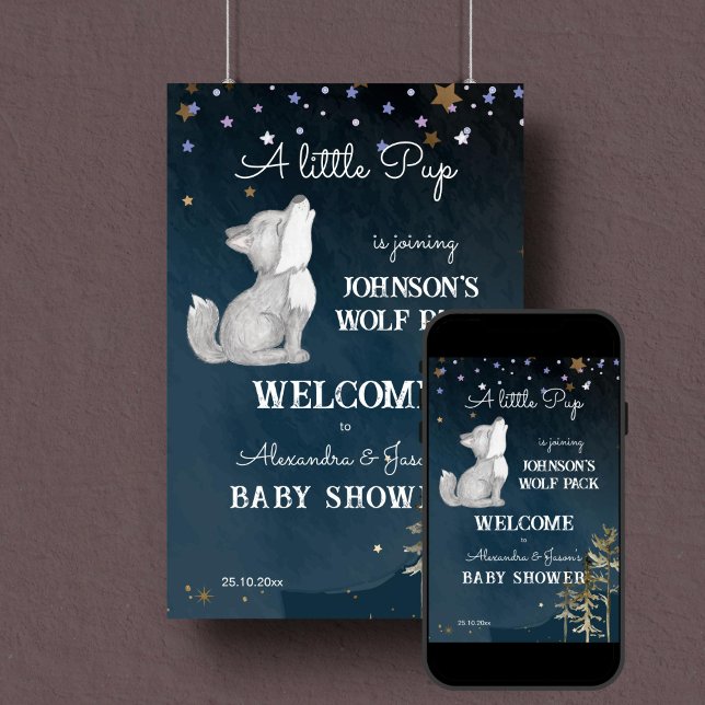 Poster Sinal de boas-vindas do chá de fraldas do pequeno  (Wolf themed baby shower welcome sign poster digital download cute howling wolf cub starry night)