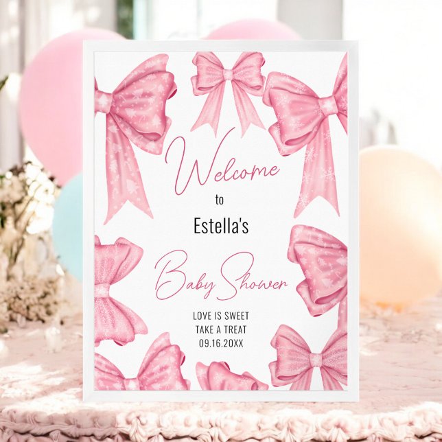 Poster Sinal de boas-vindas do Chá de fraldas rosa coquet (Cute Coquette Pink Bow Baby Shower Welcome Sign)
