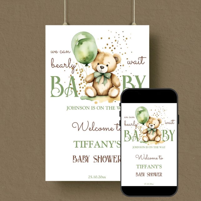 Poster Sinal de boas-vindas do chá de fraldas verde ursin (Bearly wait sage green teddy bear baby shower welcome sign editable template poster digital download)