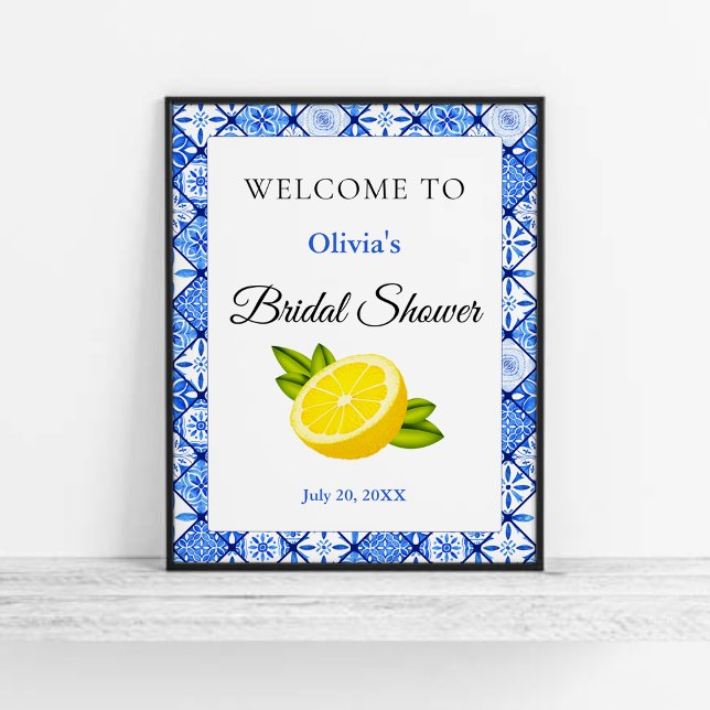Poster Sinal de boas-vindas do Chá de panela azul mediter (Mediterranean Italian Blue Tile Bridal Shower Welcome Sign   )