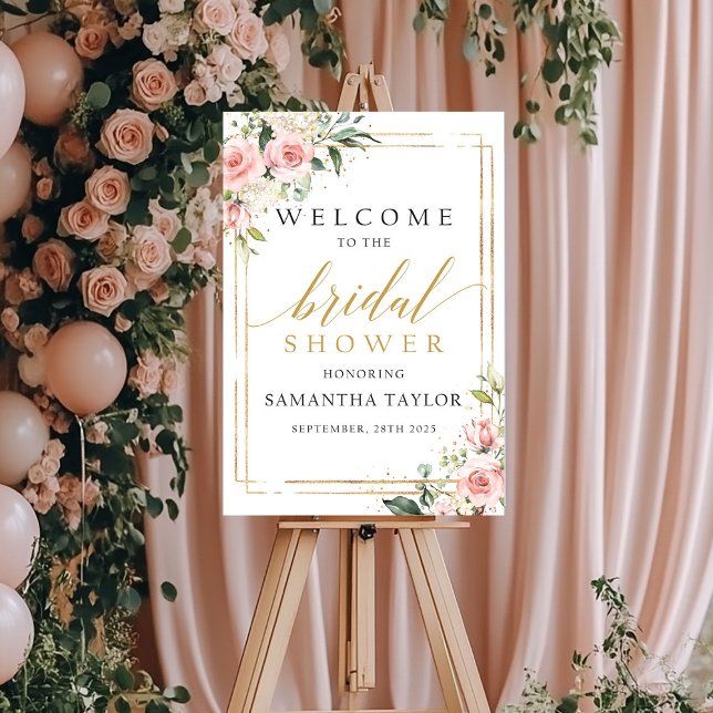 Poster Sinal de boas-vindas do chá de panela de ouro flor (Blush pink floral gold bridal shower welcome sign)