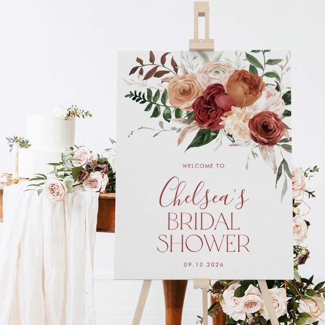 Poster Sinal de boas-vindas do Chá de panela de outono (Fall in Love Bridal Shower Welcome Sign. Floral sign)