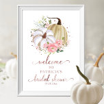 Poster Sinal de boas-vindas do Chá de panela de queda de<br><div class="desc">Linda cor-de-água floral cor-de-rosa, sinal de boas-vindas de abóbora para o chá de panela de outono. Fácil de personalizar com seus detalhes. Entre em contato comigo via chat se tiver perguntas sobre o trabalho de arte ou precisar de personalização. NOTA: para obter assistência sobre pedidos, envio, informações sobre produtos, etc.,...</div>
