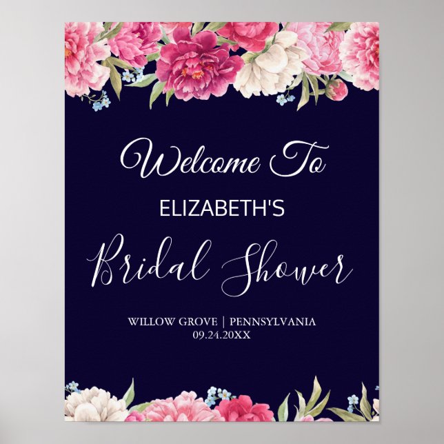 Poster Sinal de Boas-vindas do Chá de panela Peony Azul (Frente)