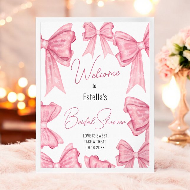 Poster Sinal de boas-vindas do Chá de panela rosa coquete (Cute Coquette Pink Bow Bridal Shower Welcome Sign)