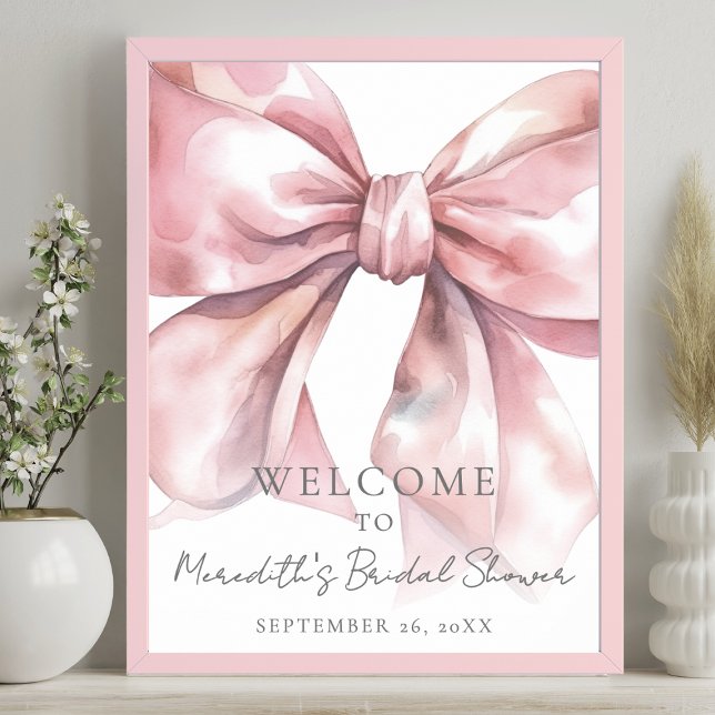 Poster Sinal de boas-vindas do Chá de panela rosa-pino-pi (Elegant Blush Pink Bow Bridal Shower Welcome Sign)