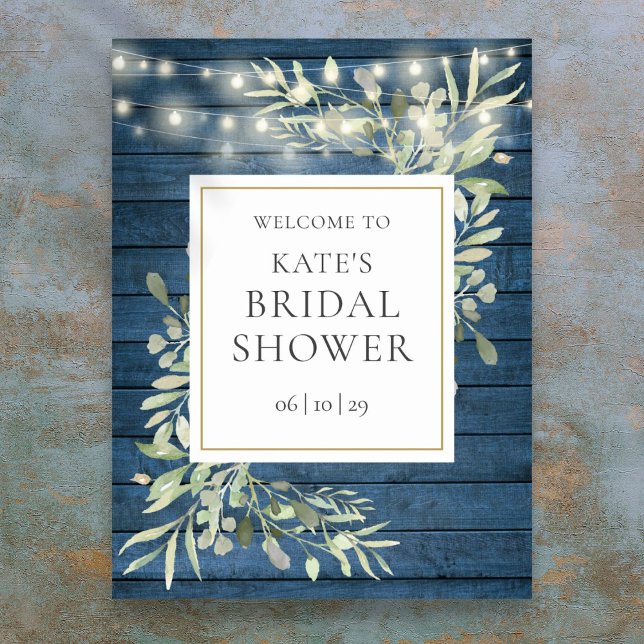 Poster Sinal de boas-vindas do Chá de panela Rustic Light (Rustic Lights Greenery Bridal Shower Welcome Sign)