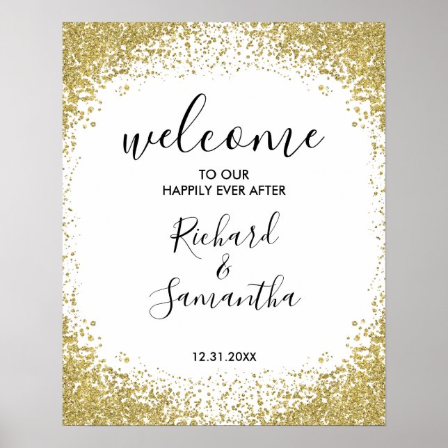Poster Sinal de Boas-vindas do Dourado Casamento Glitter (Frente)