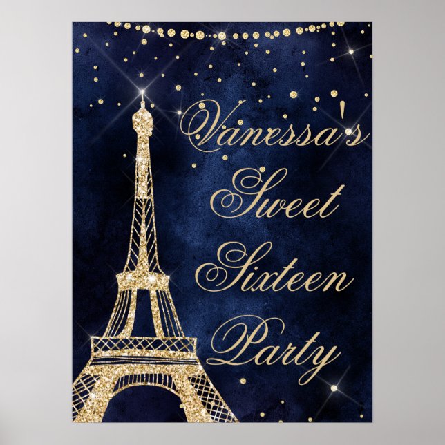 Poster Sinal de boas-vindas do Eiffel Tower chic gold 16 (Frente)