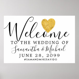 Poster Sinal de Boas-vindas do Gold Foil Heart Modern Wed