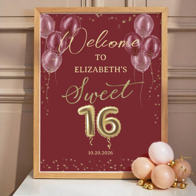 Poster Sinal de Boas-vindas do Gold Foil Sweet 16 Balloon (Criador carregado)