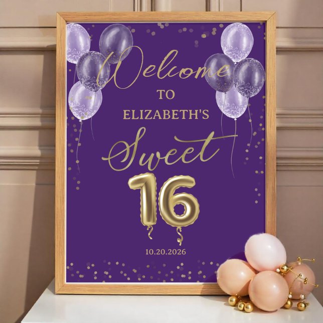 Poster Sinal de Boas-Vindas do Gold Foil Sweet 16 Balões  (Criador carregado)