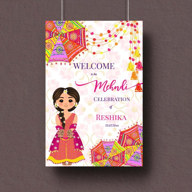 Poster Sinal de boas-vindas do guarda-chuva da noiva indi (Mehndi welcome sign poster instant download Indian decoration umbrellas tassle henna bride)