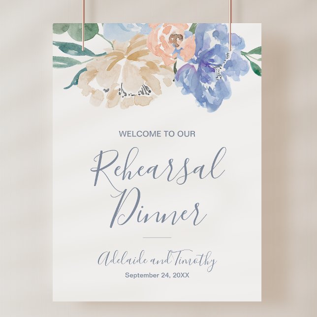 Poster Sinal de boas-vindas do Janto de ensaio de Florais (Dusty Blue Florals Rehearsal Dinner Welcome Sign)