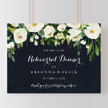 Poster Sinal de Boas-vindas do Janto Horizontal Floral<br><div class="desc">Este sinal de boas-vindas do janto de ensaio horizontal floral é perfeito para um ensaio de casamento rústico. O design apresenta elegantes pedras brancas de aquarela com folhagem verde em fundo azul escuro.</div>