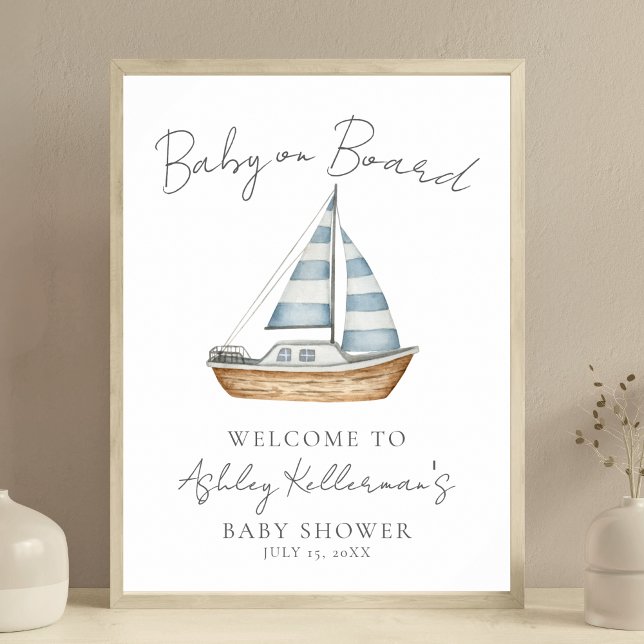 Poster Sinal de boas-vindas do náutico Baby On Conselho (Nautical Baby On Board Shower Welcome Sign)