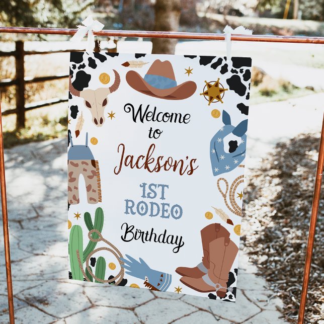 Pôster Sinal de boas-vindas do primeiro aniversario do Pr (Editable Boys 1st Rodeo Birthday Welcome Sign, Cowboy Birthday Party Welcome Poster, Wild West )