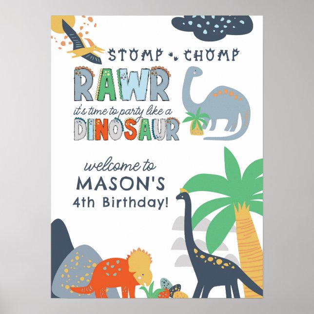 Poster Sinal de Boas-vindas do Stomp Rawr Dinosaur (Frente)