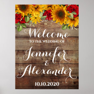 Poster Sinal de boas-vindas do Sunflower e Rosas Rustic W