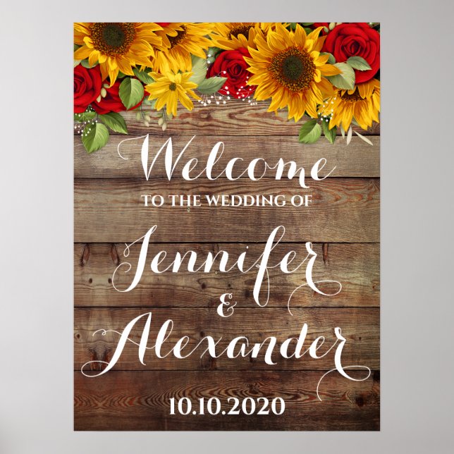 Poster Sinal de boas-vindas do Sunflower e Rosas Rustic W (Frente)