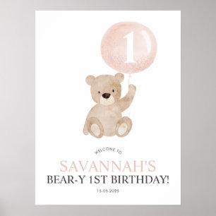 Poster Sinal de boas-vindas do Urso Rosa primeiro anivers