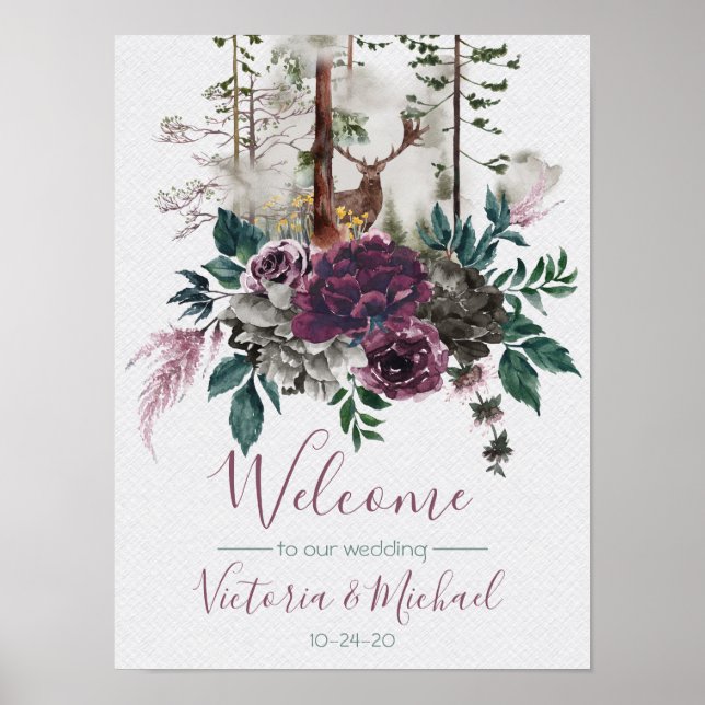 Poster Sinal de boas-vindas do Watercolor Woodland Wedlan (Frente)