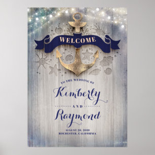 Poster Sinal de boas-vindas dourado náutico do casamento