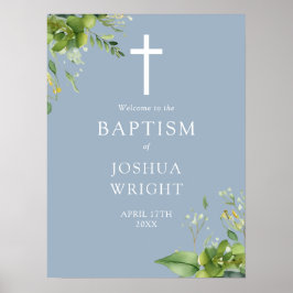 Poster Sinal de Boas-vindas Dusty Blue Greenery Baptism