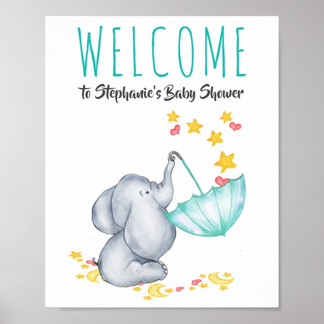 Poster Sinal de Boas-Vindas Elefante Lua e Estrelas Chá d (Frente)