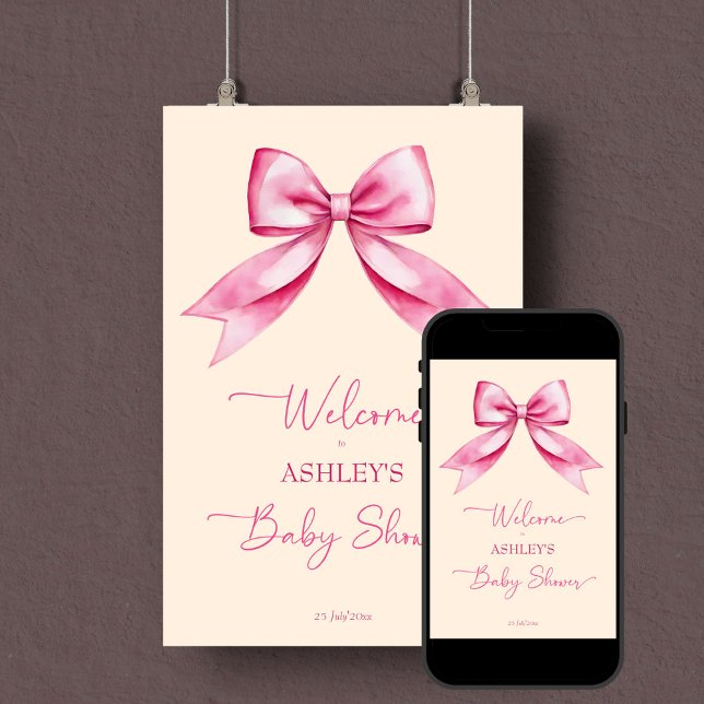 Poster Sinal de boas-vindas elegante do chá de fraldas de (Pink bow ribbon baby shower elegant welcome sign poster editable template instant digital download)