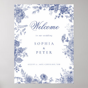 Poster Sinal de Boas-Vindas Floral Azul Francês Toile Ele