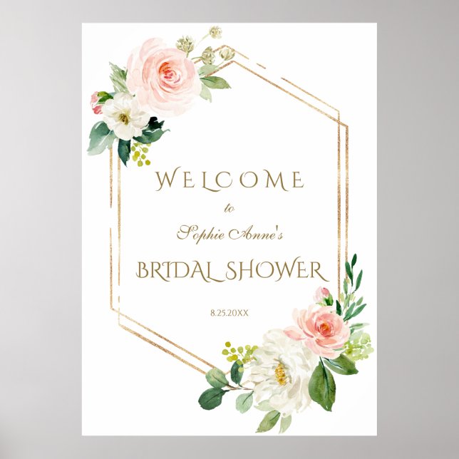 Poster Sinal de Boas-Vindas Floral Beijo Branco Dourado C (Frente)