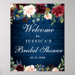 Poster Sinal de Boas-Vindas Floral Burgundy Navy para Chá