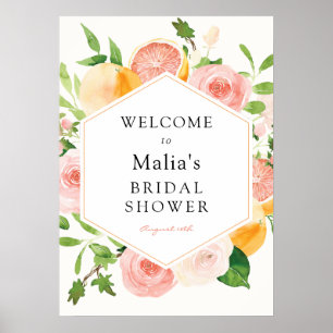 Poster Sinal de Boas-Vindas Floral Citrino Rosa para Chá 