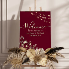 Poster Sinal de Boas-Vindas Floral Dourado Borgonha para 