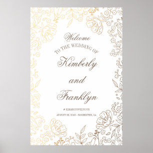 Poster Sinal de Boas-vindas Floral Dourado e Branco Grand