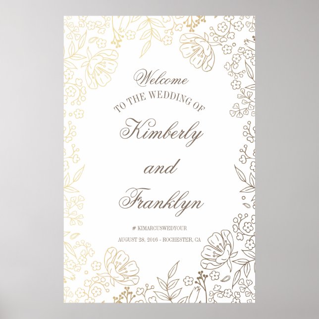Poster Sinal de Boas-vindas Floral Dourado e Branco Grand (Frente)