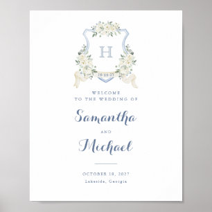 Poster Sinal de Boas-Vindas Floral Elegante em Azul Empoe