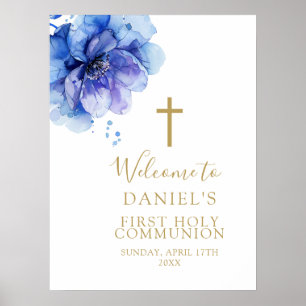 Poster Sinal de Boas-Vindas Floral em Aquarela Azul para 