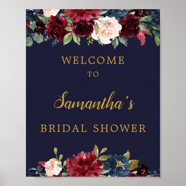 Poster Sinal de boas-vindas floral em burgundy navy total (Frente)