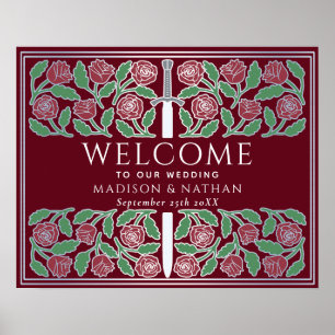 Poster Sinal de Boas-Vindas Floral Espada Prata Vermelha