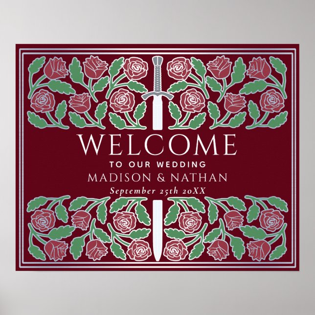 Poster Sinal de Boas-Vindas Floral Espada Prata Vermelha  (Frente)