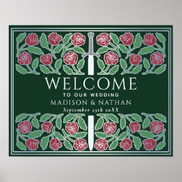 Poster Sinal de Boas-Vindas Floral Prata Verde para Casam