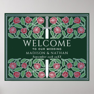 Poster Sinal de Boas-Vindas Floral Prata Verde para Casam